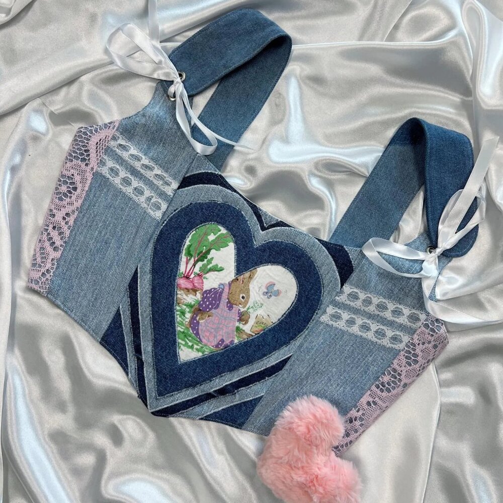 Coquette Bunny Denim Corset Top – Layered Heart Appliqué & Lace Trim